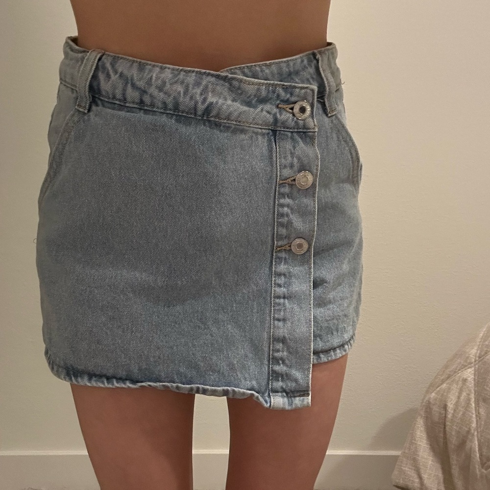 Light Blue Denim Button-Front Mini Skort